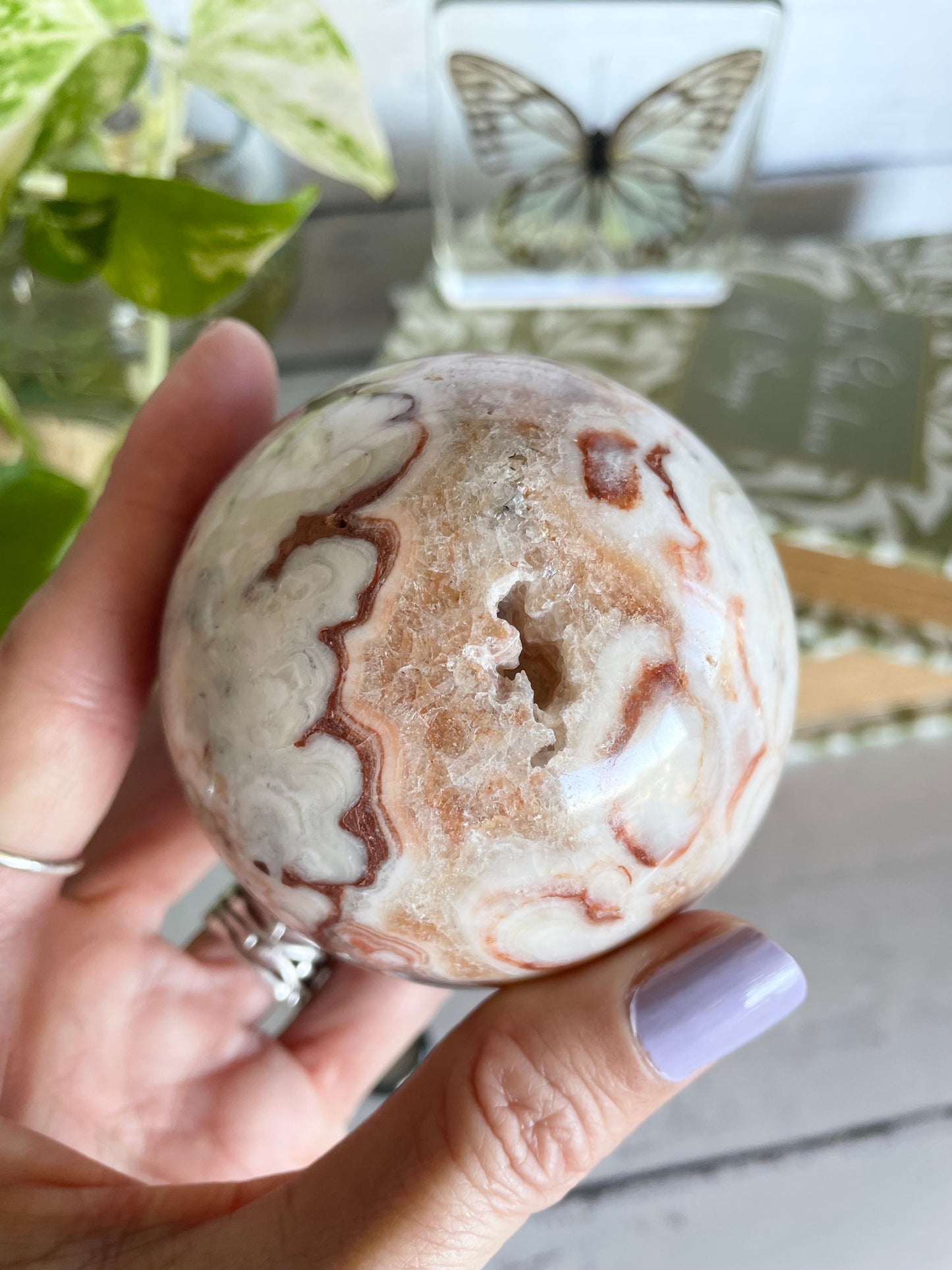 Amber Calcite Sphere Includes Wooden Holder