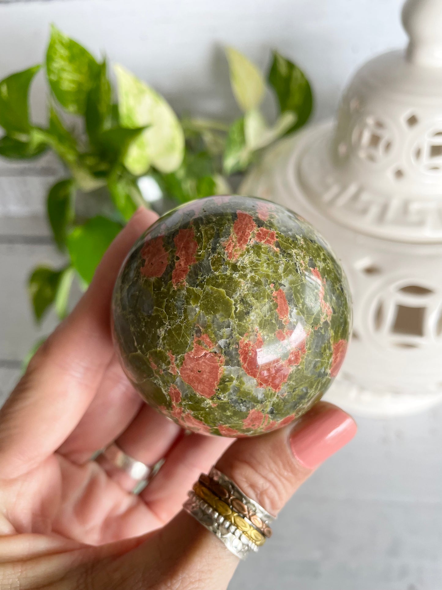 Unakite Sphere Includes Wooden Holder