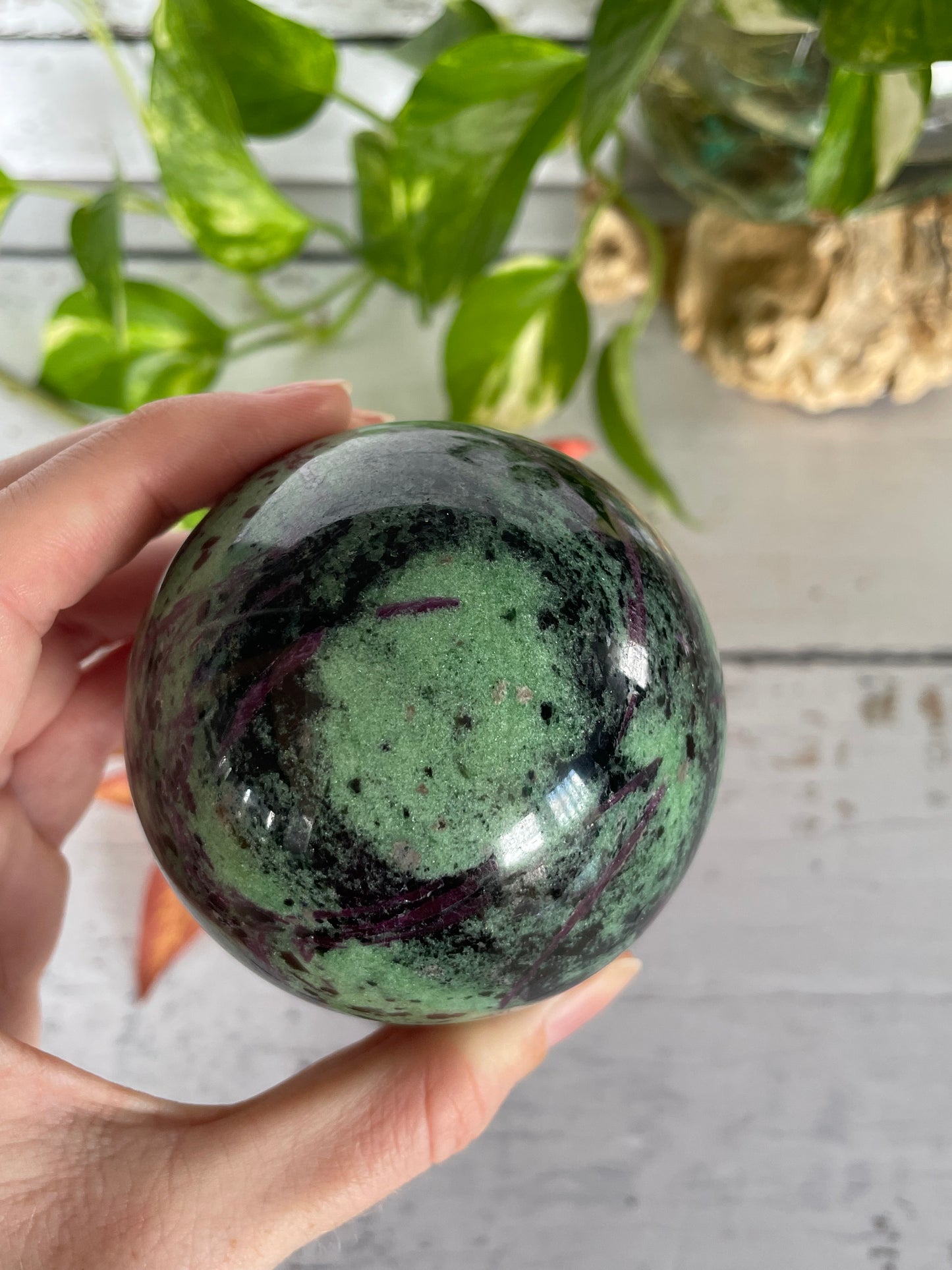 Ruby Zoisite Sphere Includes Wooden Holder