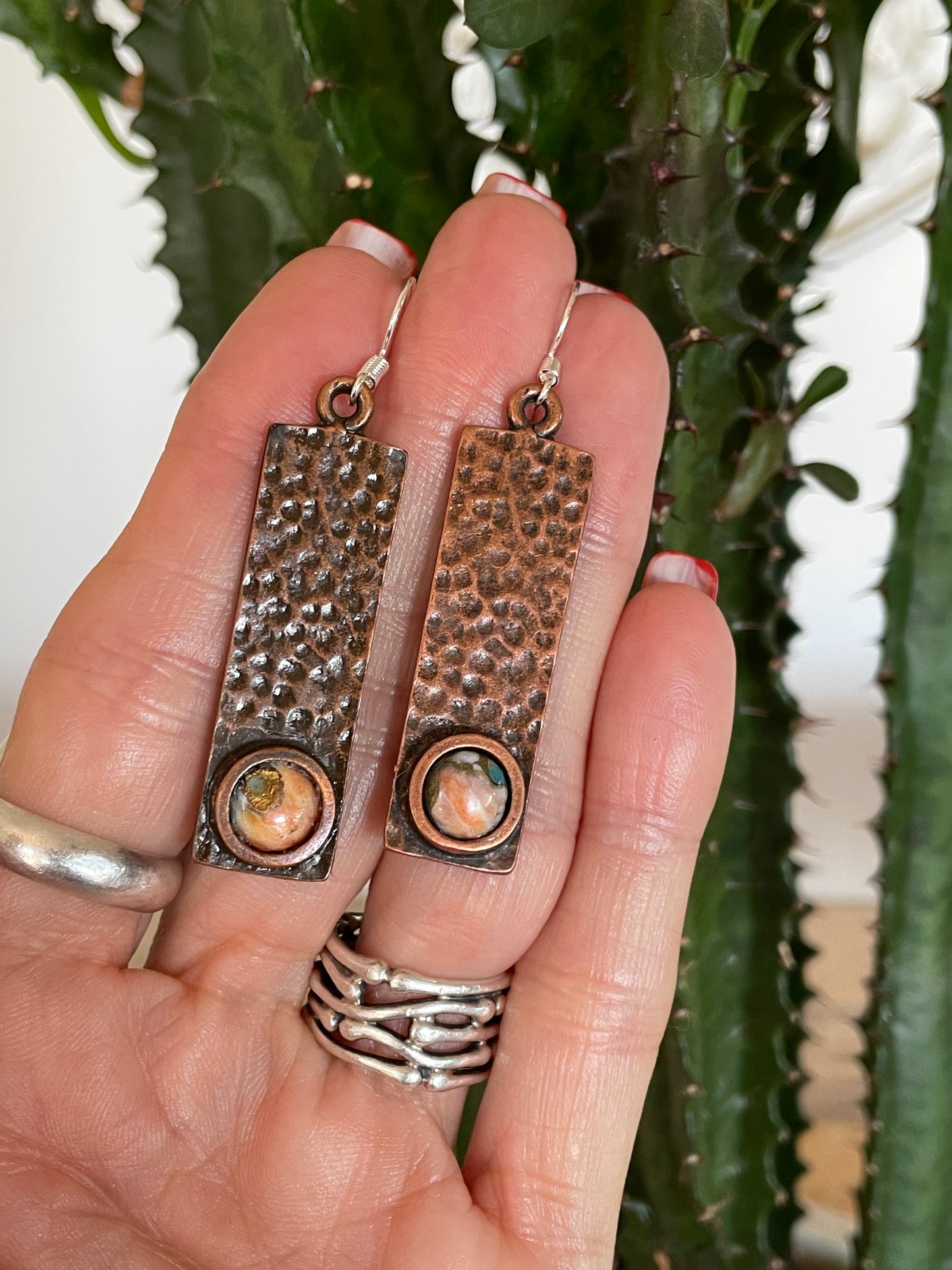 Orange Spiny Oyster Copper Hammered Dangles