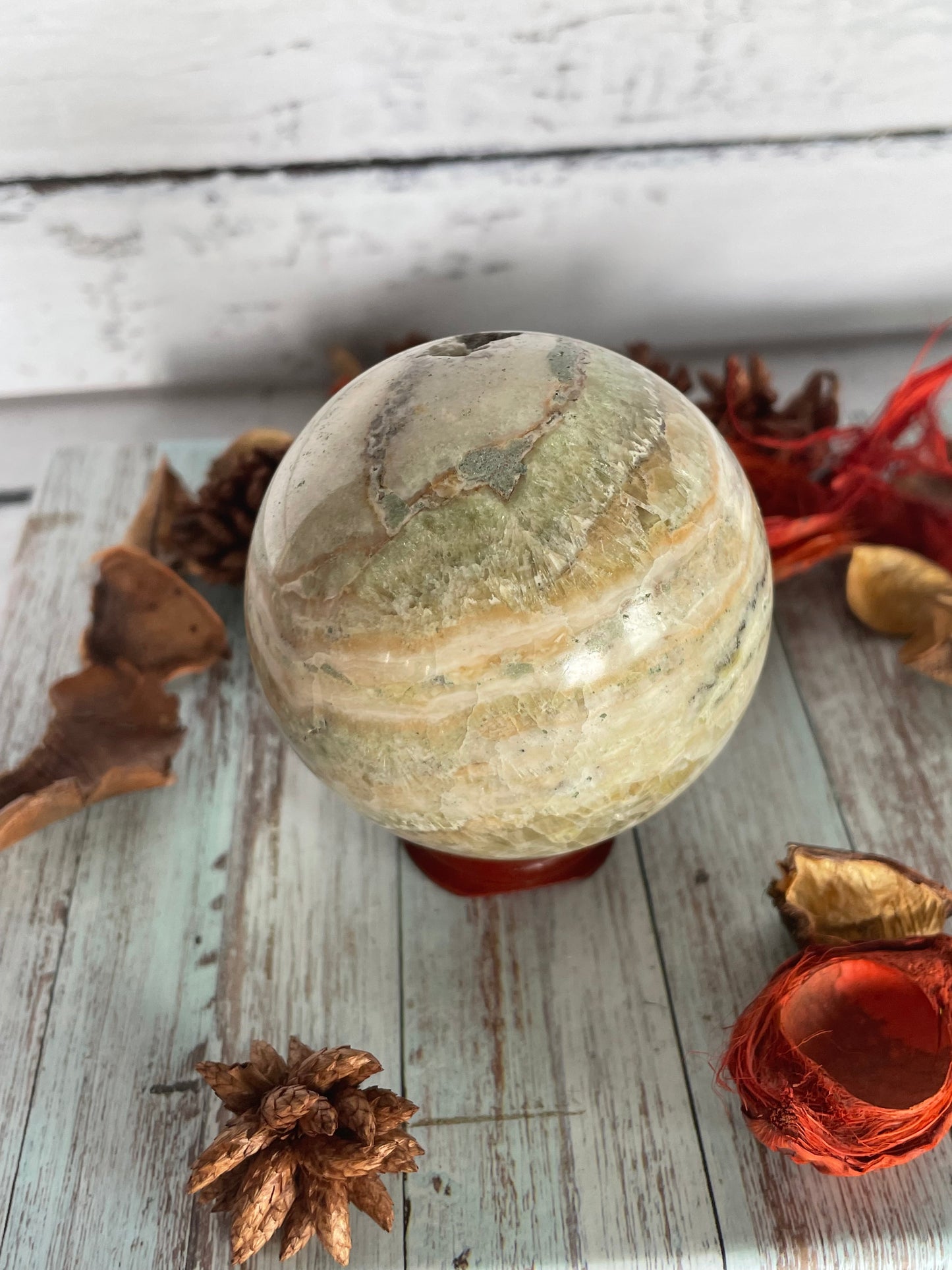 Green Caribbean Calcite Sphere Includes Wooden Holder