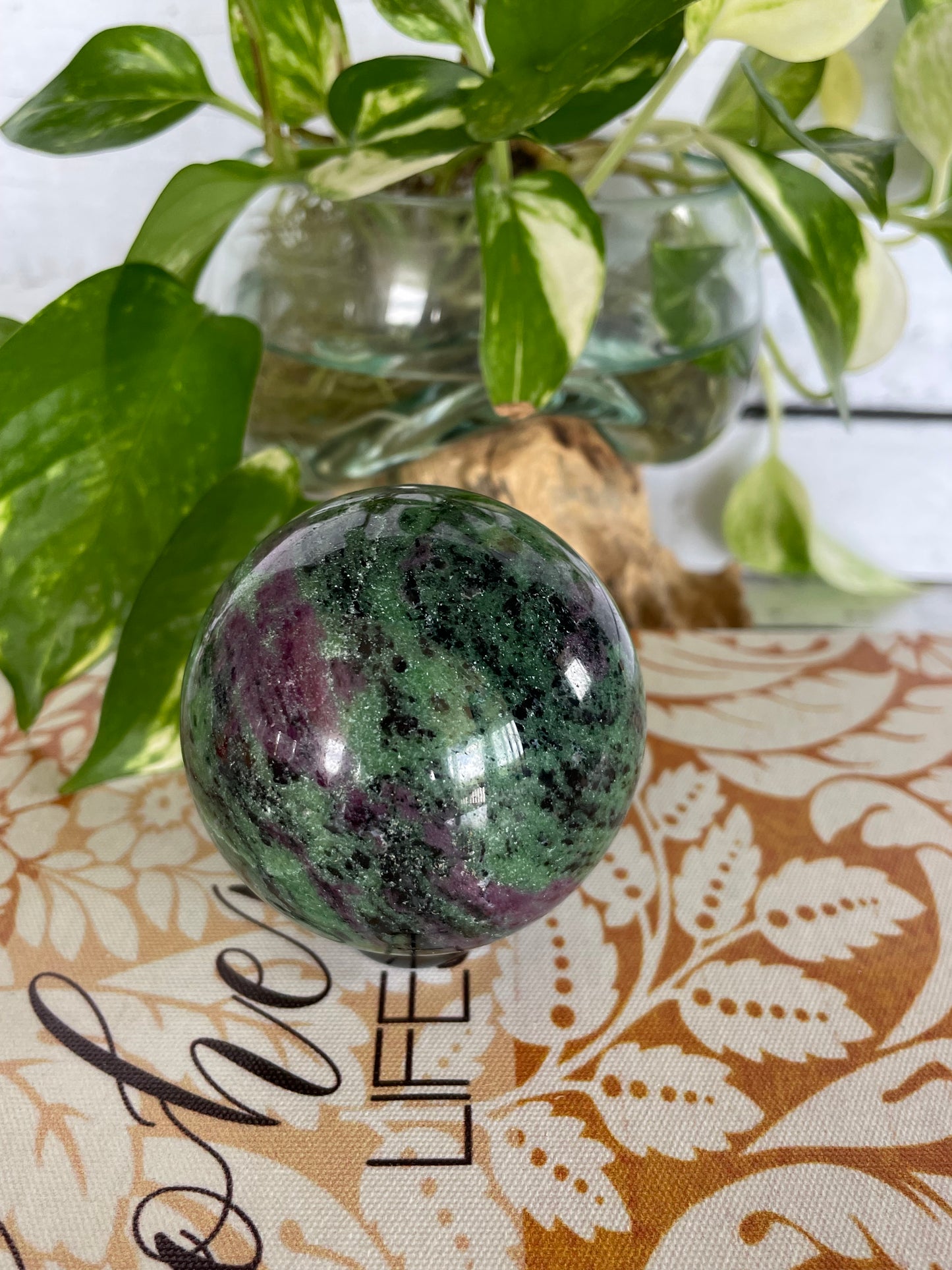 Ruby Zoisite Sphere Includes Wooden Holder