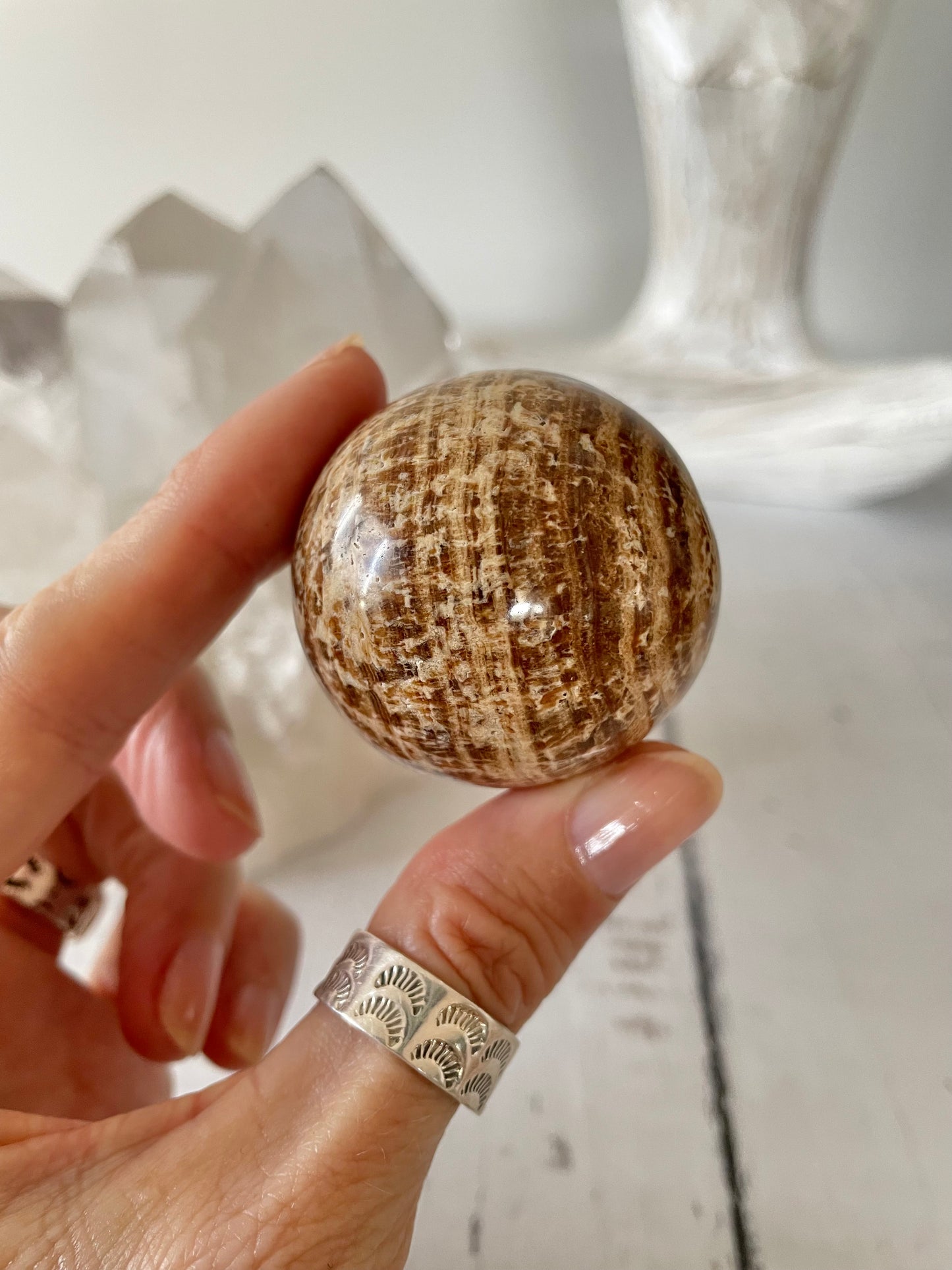 Aragonite Sphere Includes Wooden Holder