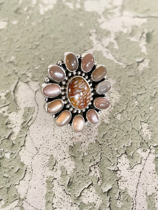 Fawn Jasper/Peach Moonstone Ring - 7.5-10 adjustable