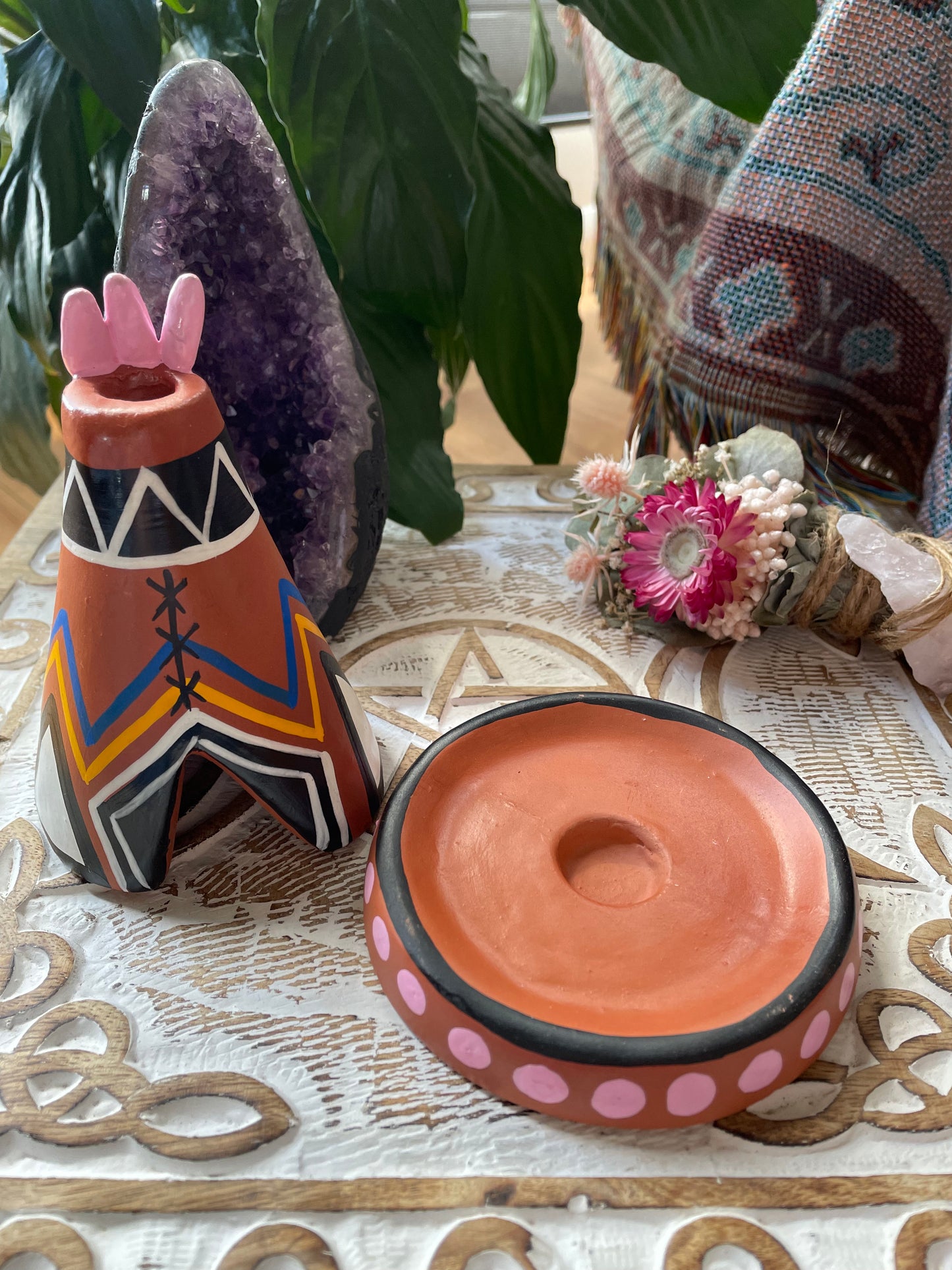 Handmade Clay Incense/Cone Holder - Teepee pink dots