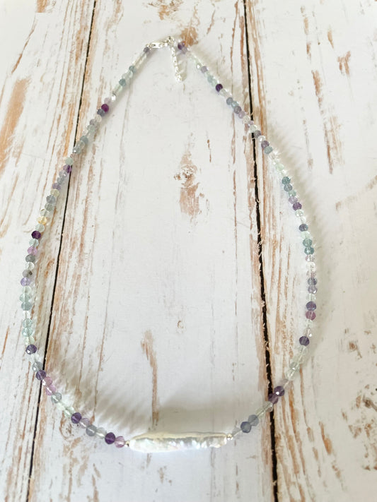 Sterling silver Faceted Rainbow Fluorite & Pearl Choker
