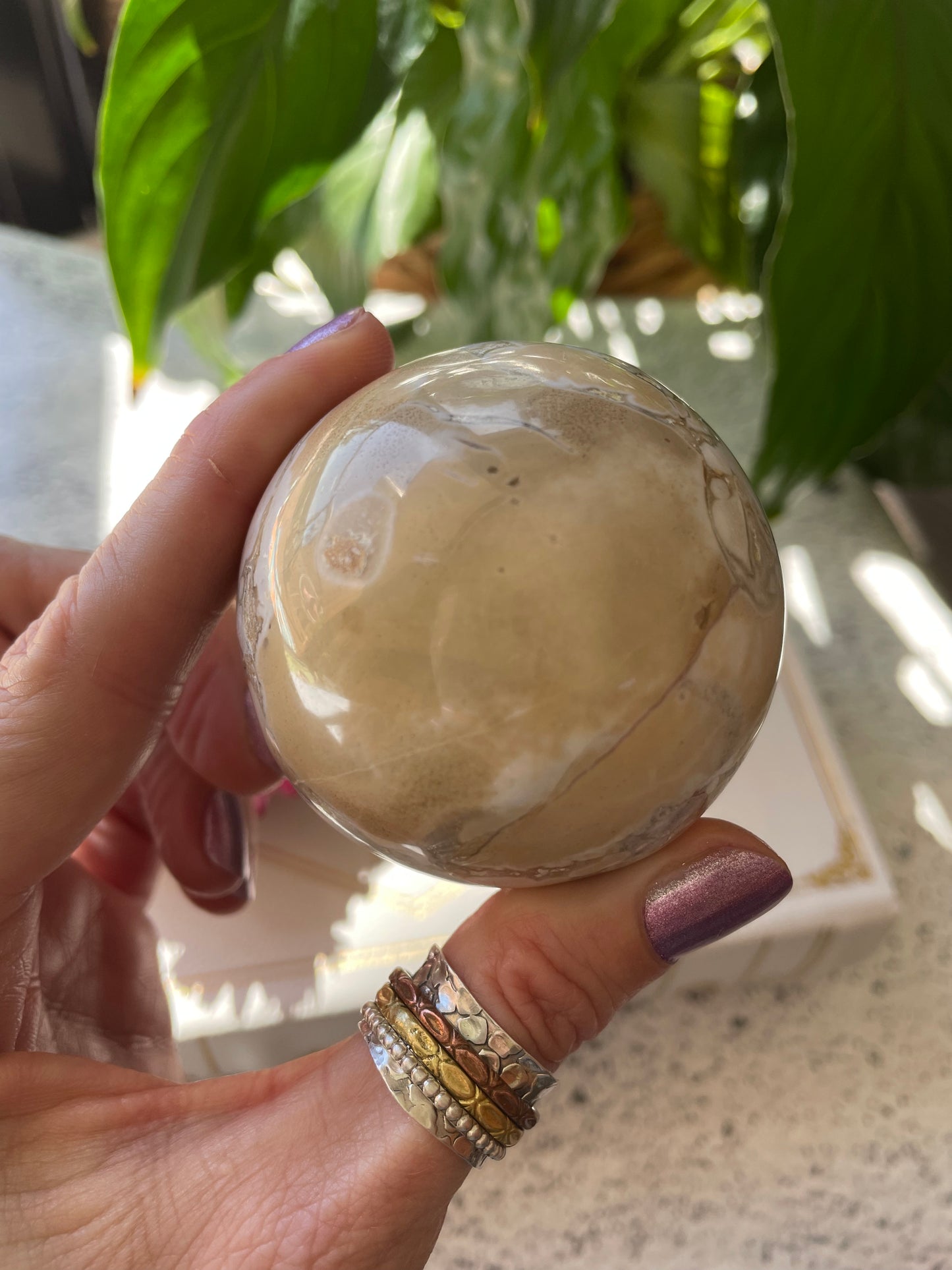 Spotted Agate Sphere Includes Wooden Holder