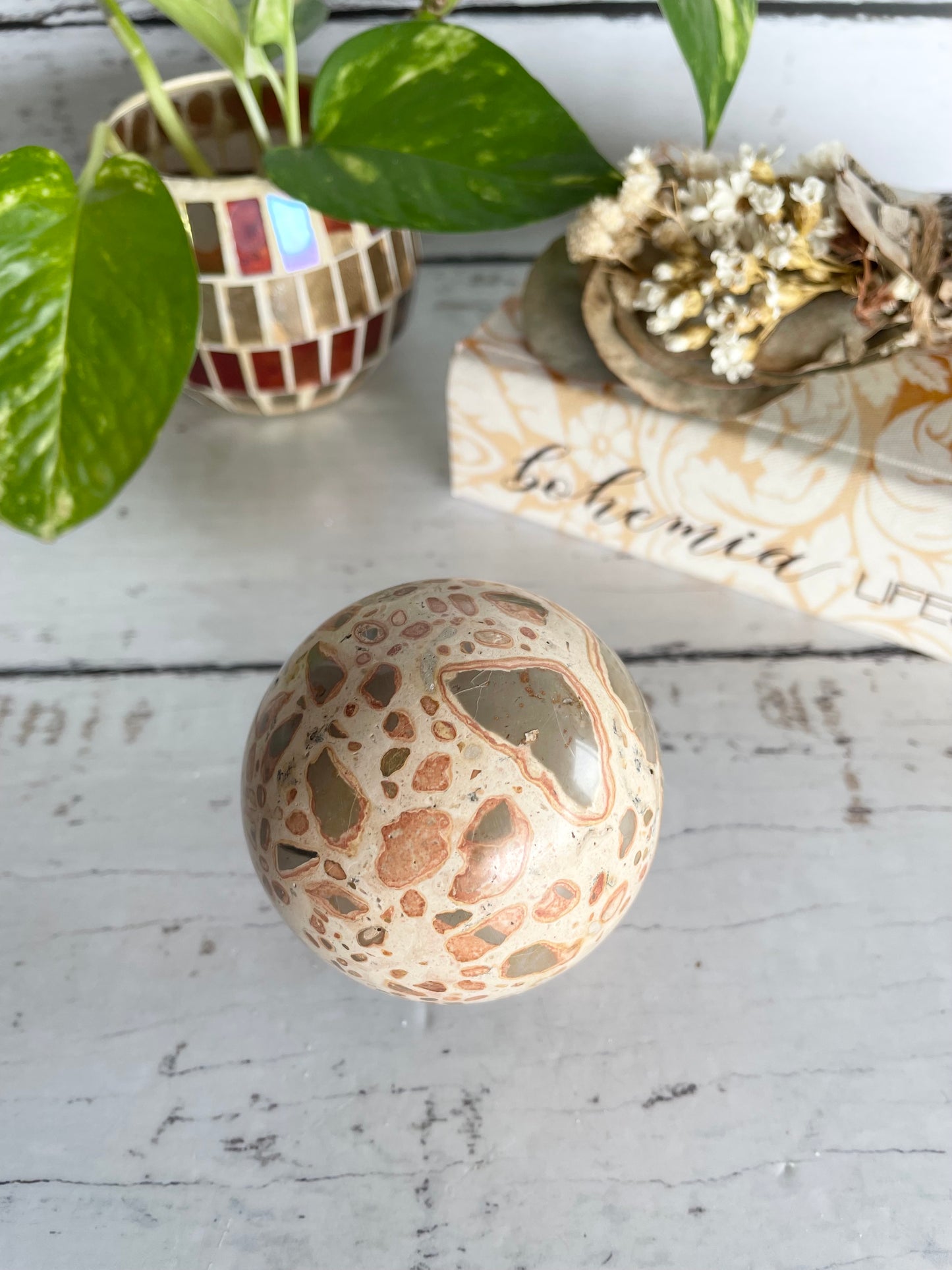 Leopard Skin Jasper Sphere Includes Wooden Holder