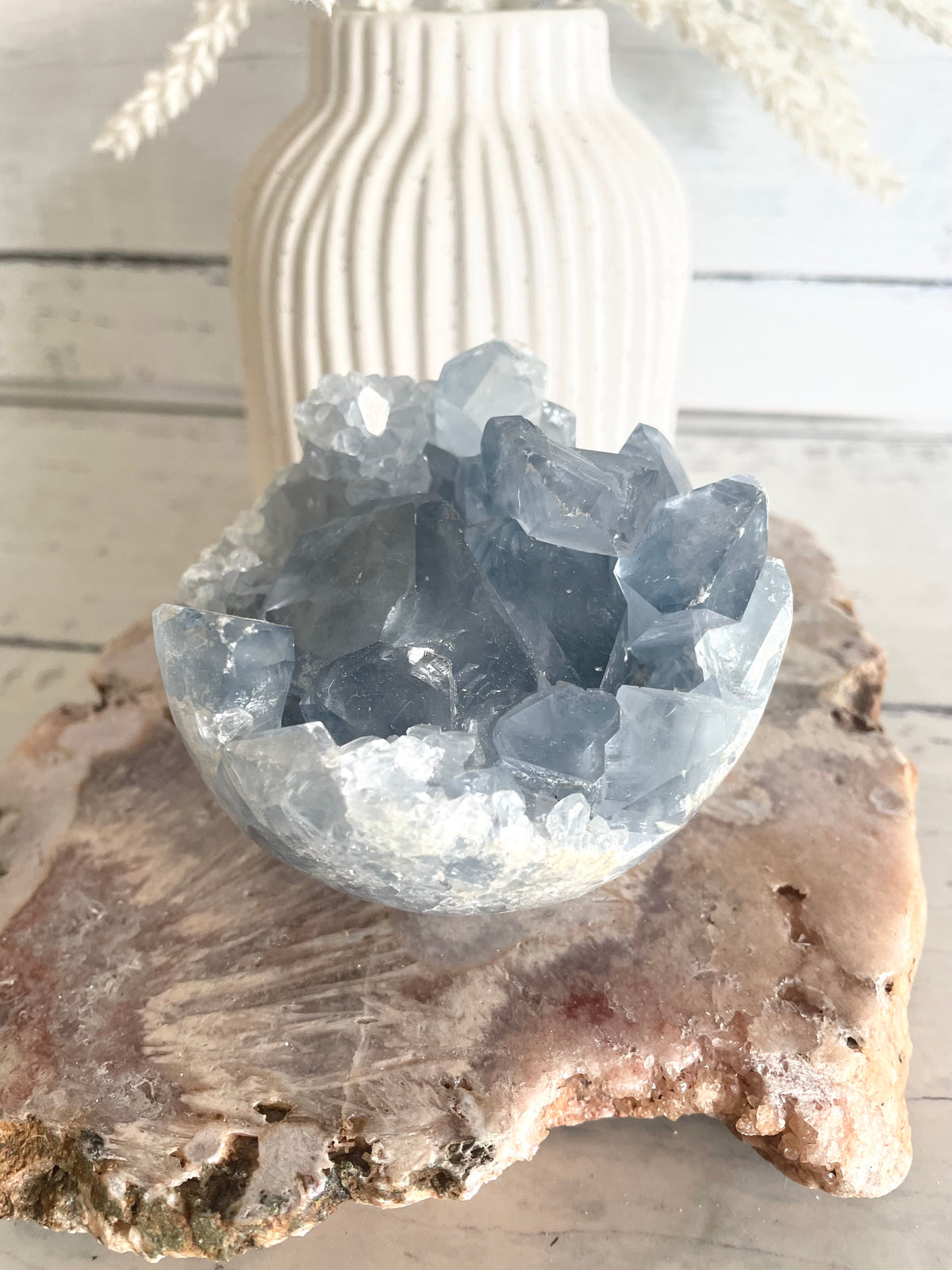 Celestite Geode Sphere includes hematite holder