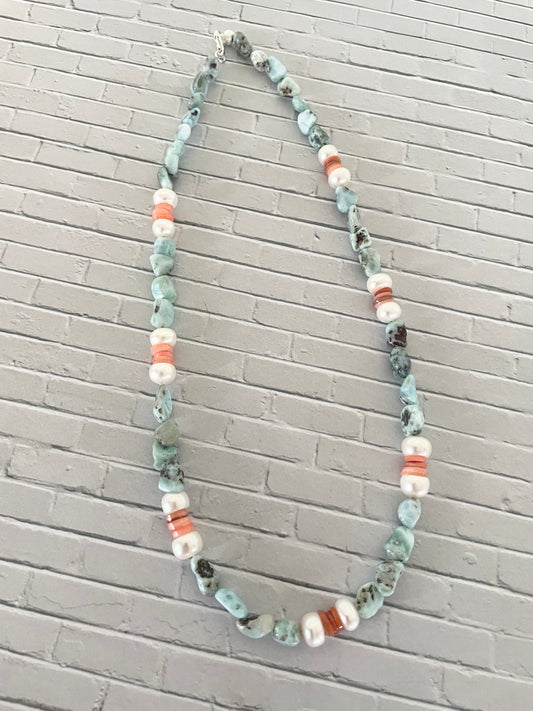 Larimar, Pearl & Coral Necklace - handmade by Wayne