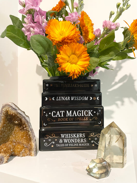 Black Cat Magick Book Stack Vase