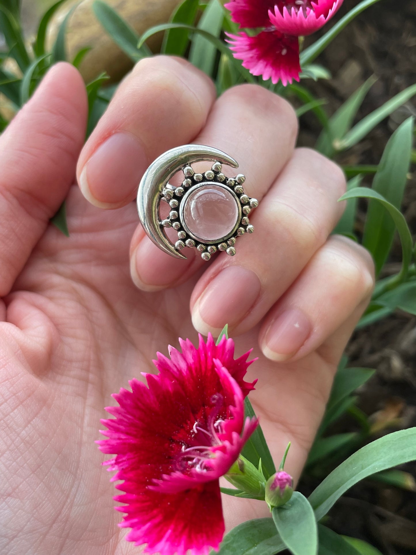 Rose Quartz Lunar Silver Ring