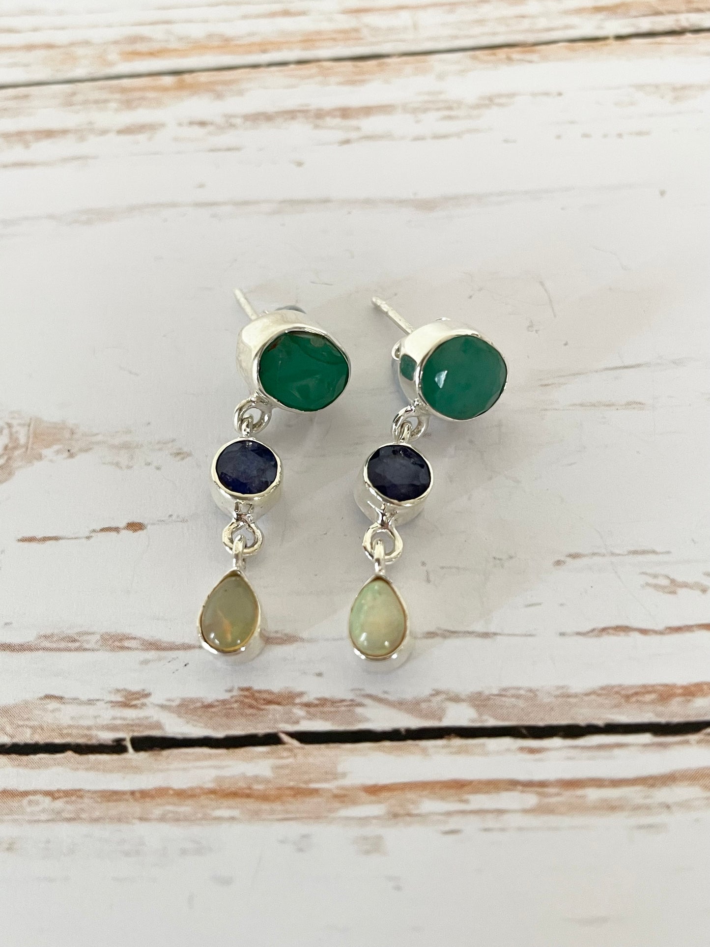 Emerald, Sapphire & Ethiopian Opal Stud dangles