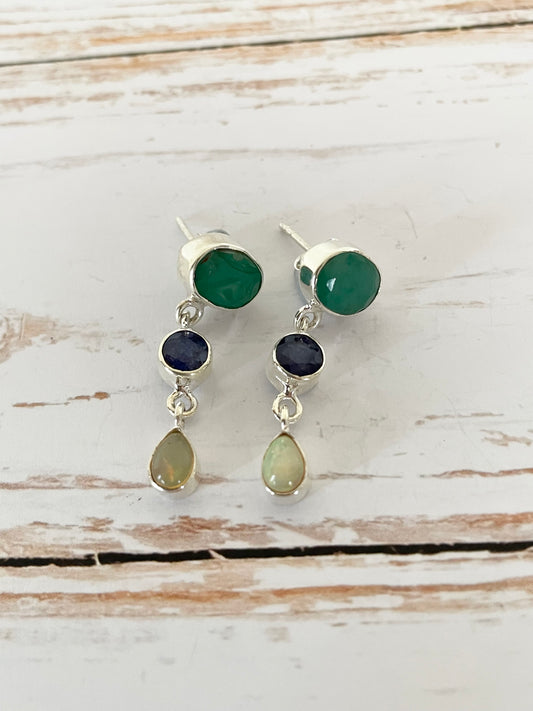 Emerald, Sapphire & Ethiopian Opal Stud dangles
