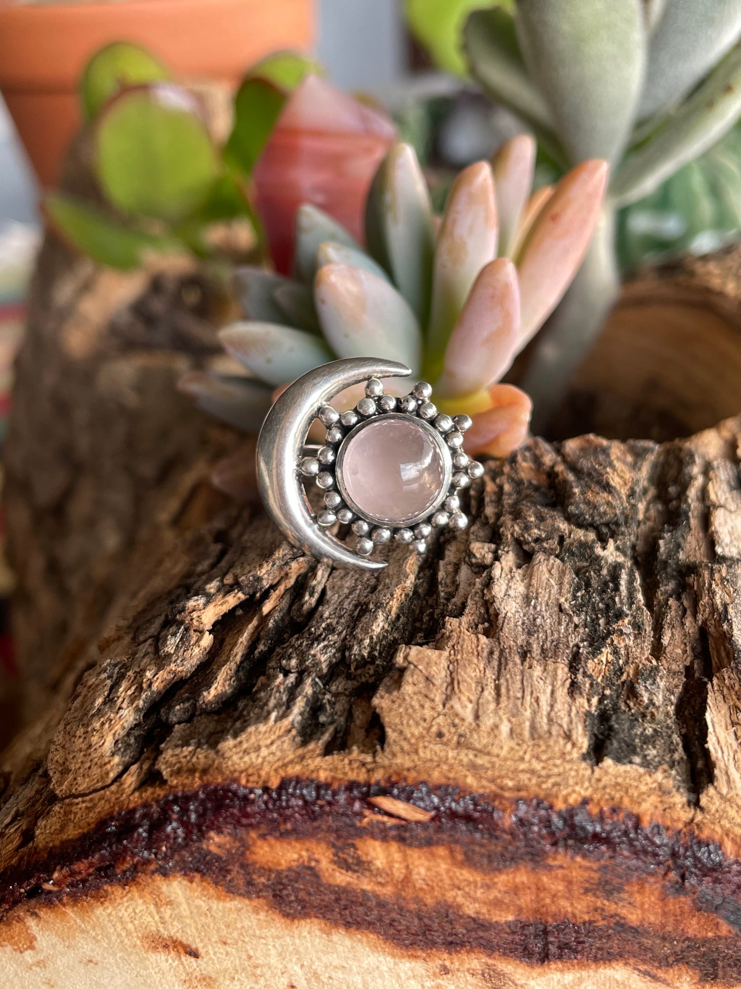 Rose Quartz Lunar Silver Ring