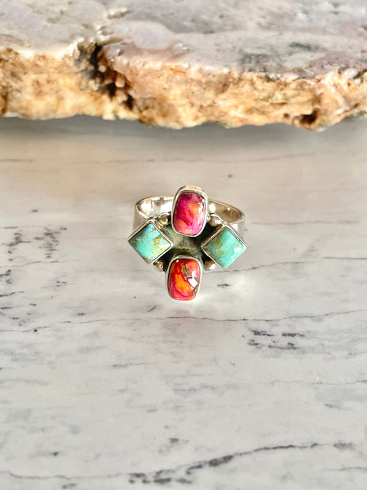 Arizona Spiny Oyster Turquoise Adjustable Ring ~ size 7 - 9.5