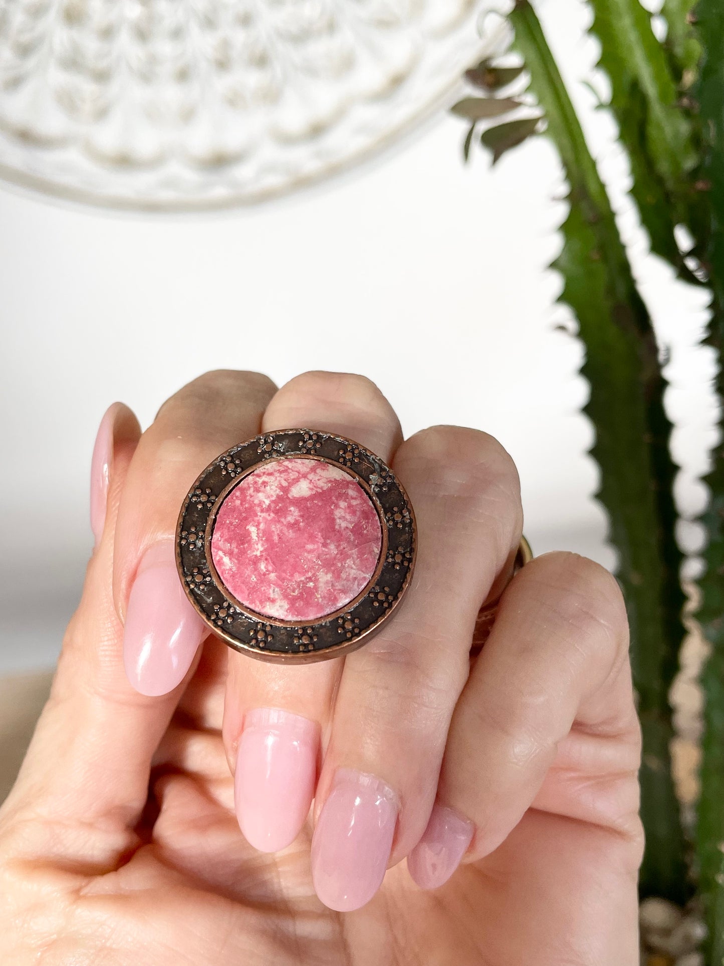 Copper Antiqued Ring ~ Thulite adjustable ring 6-10