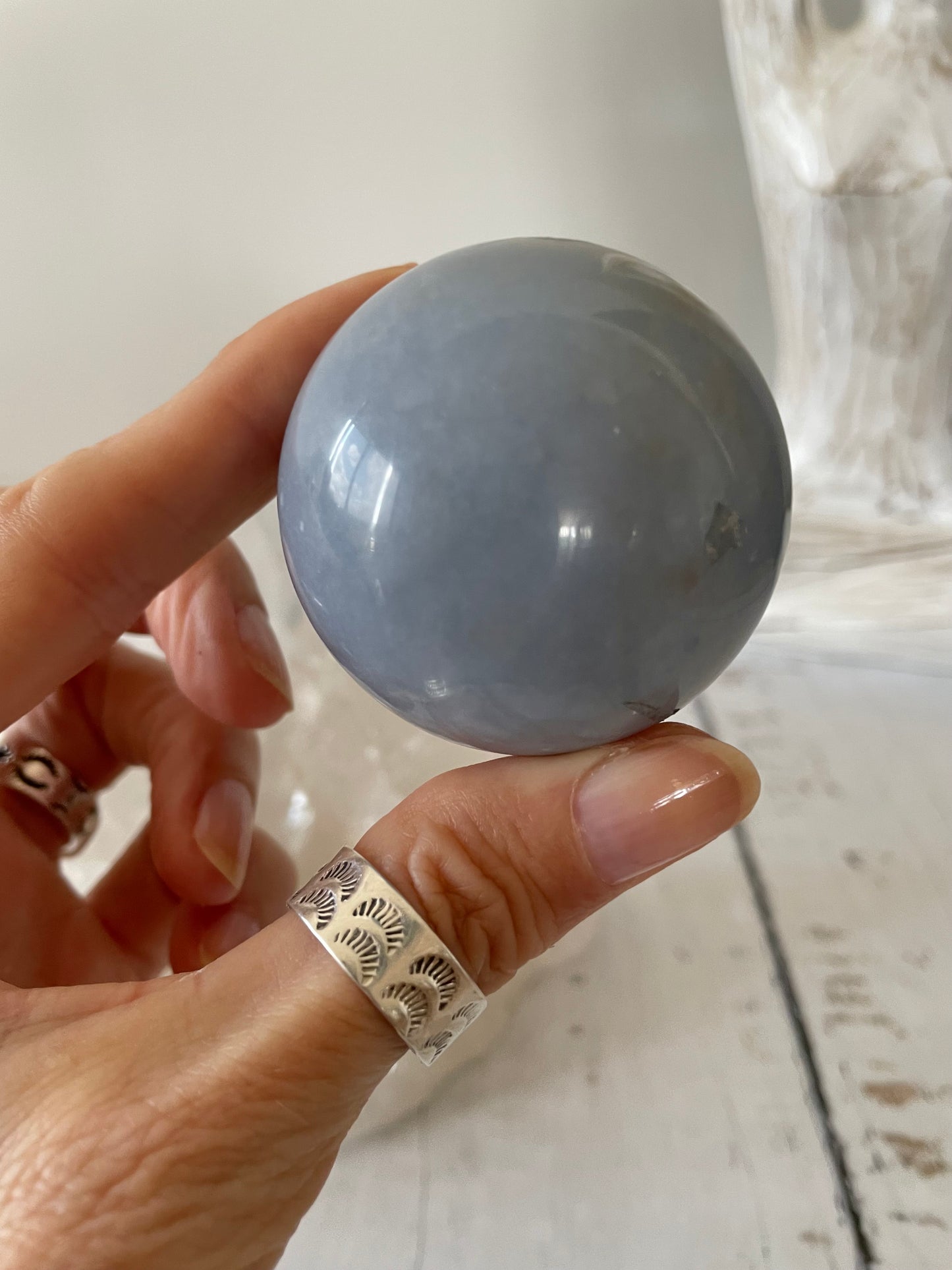 Angelite Sphere Includes Wooden Holder