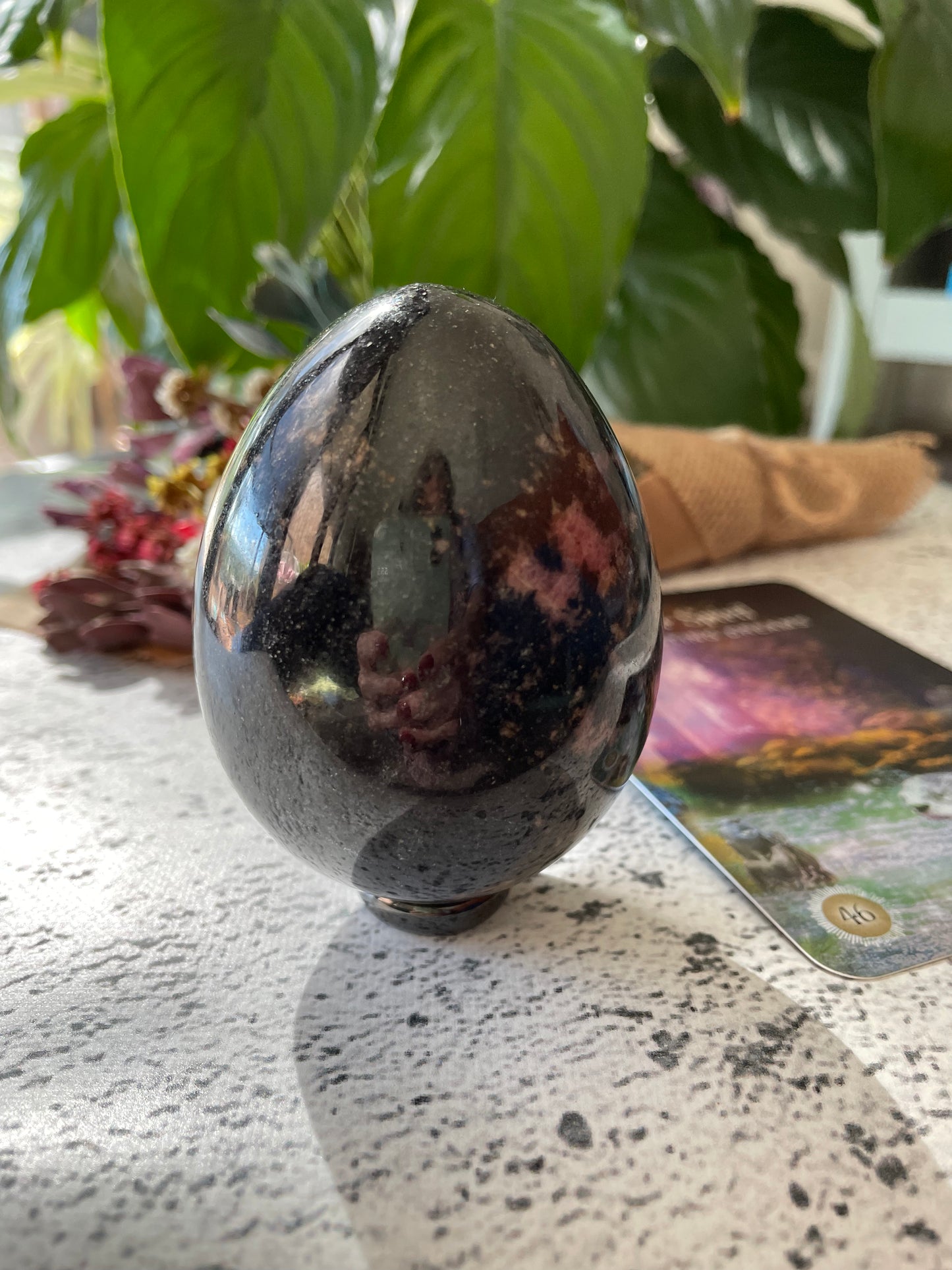 Rhodonite Egg Includes Hematite Ring