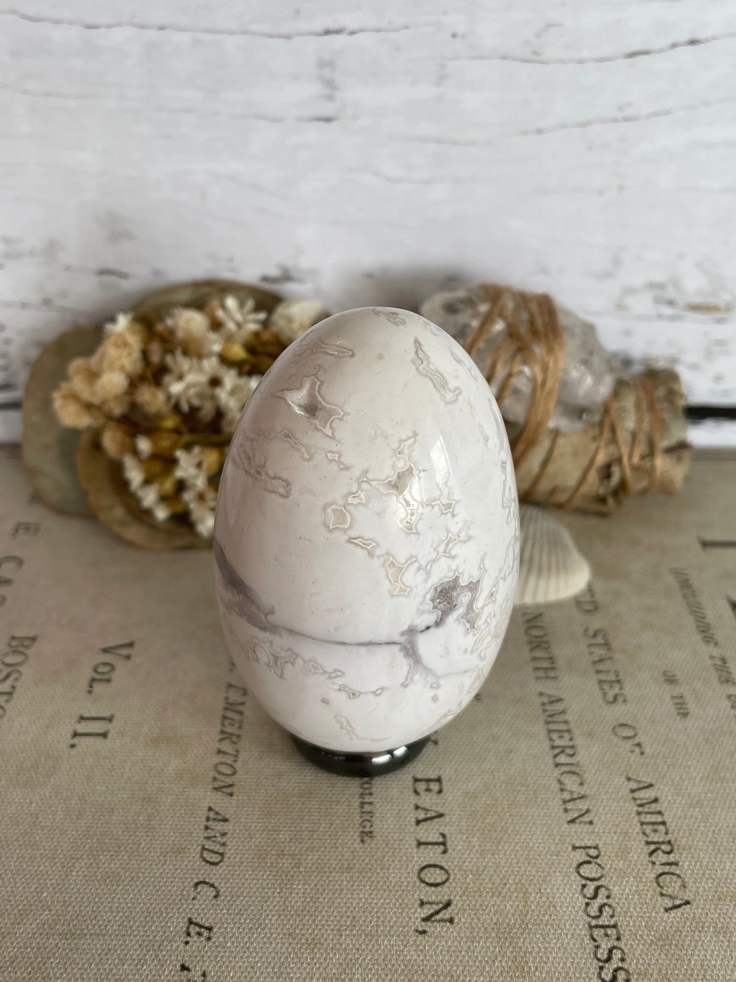 Snow Agate Egg Includes Hematite Ring