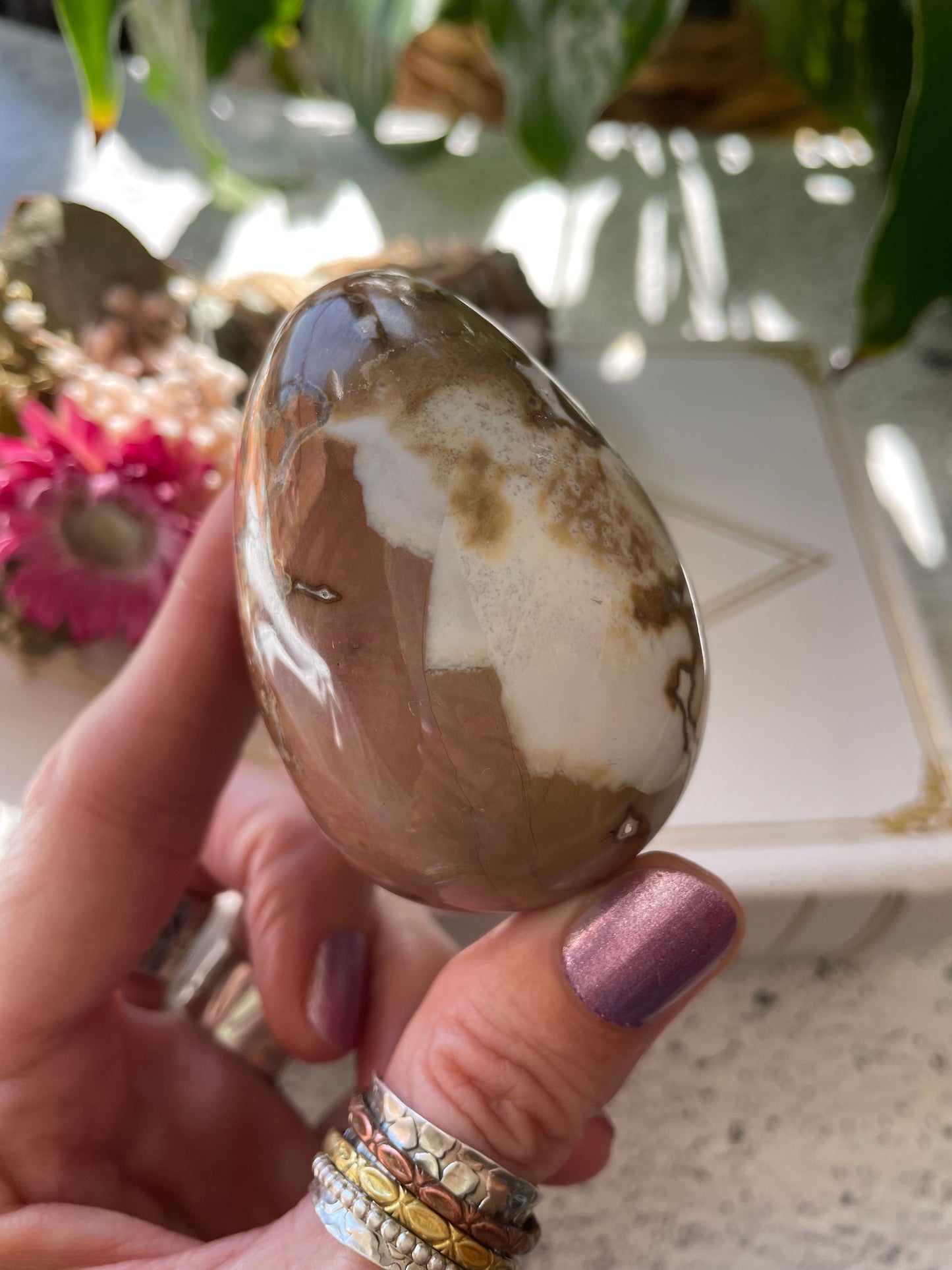 Spotted Agate Egg Includes Hematite Ring