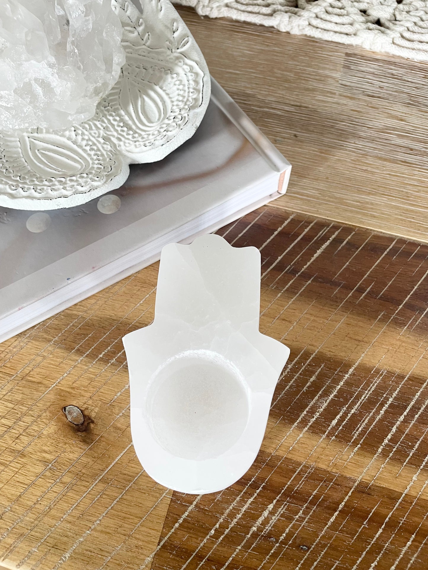 Selenite hamsa candle holder