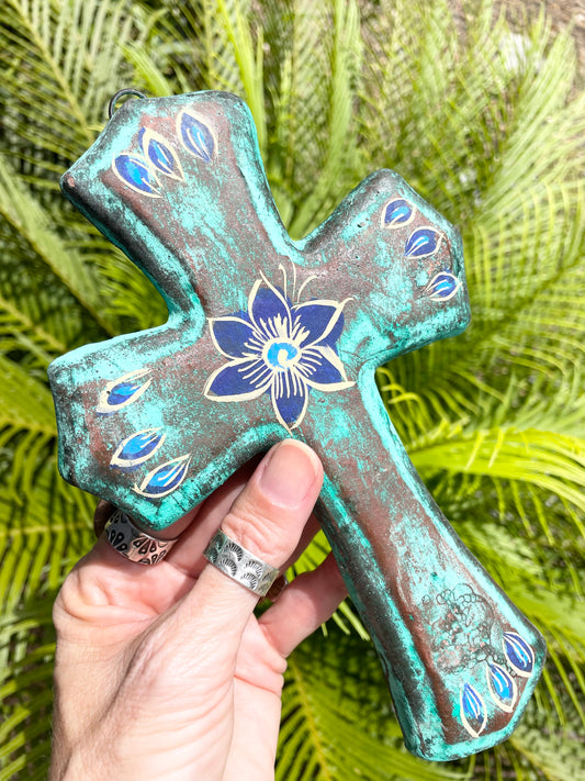 Mexican Pottery  ~ Rustic Turquoise Cross Flower