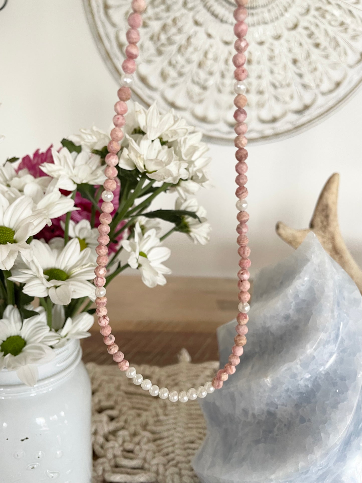 Rhodochrosite & Pearl Faceted Necklace - Made by Wayne