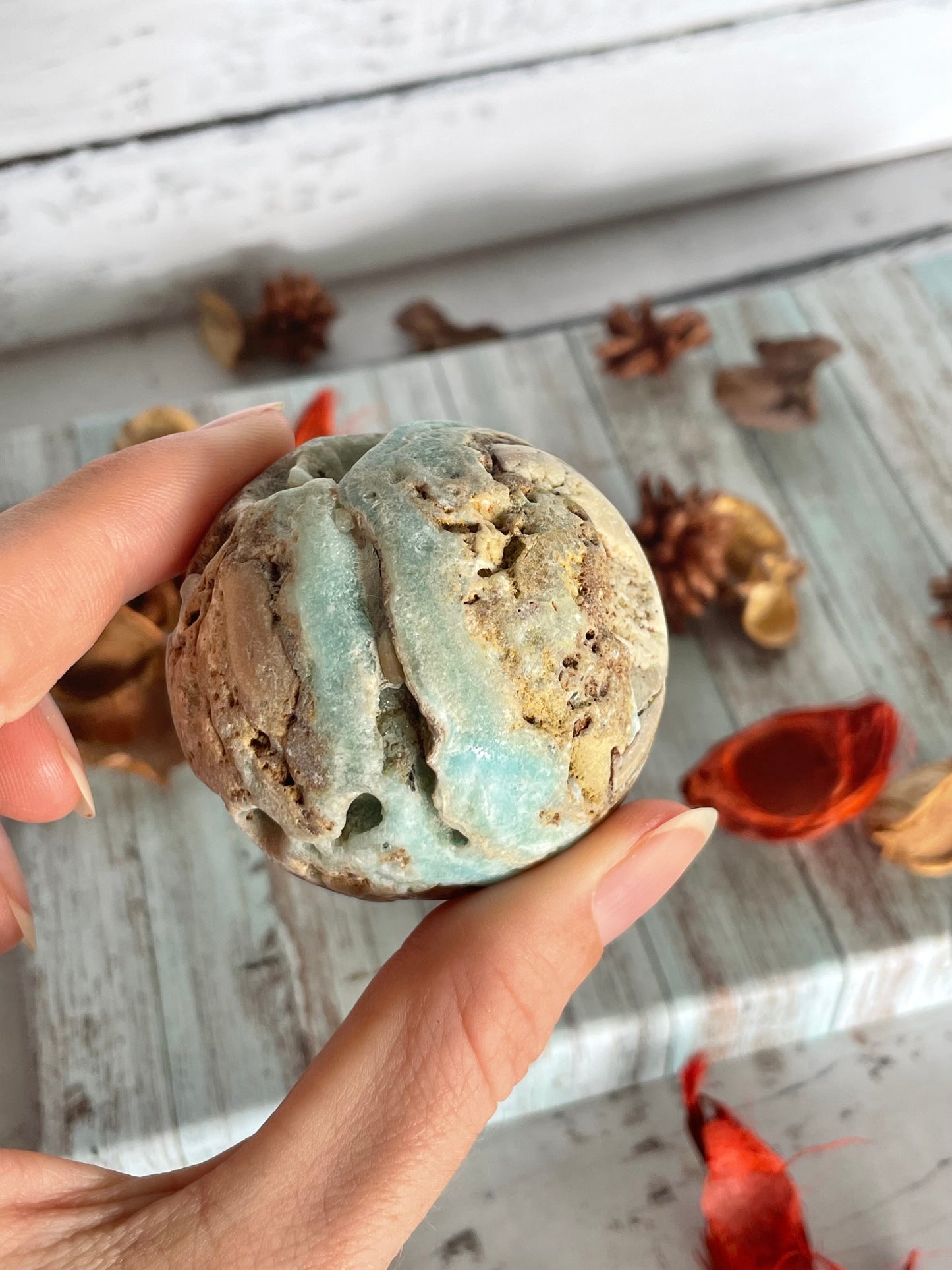 Hemimorphite Sphere Includes Wooden Holder