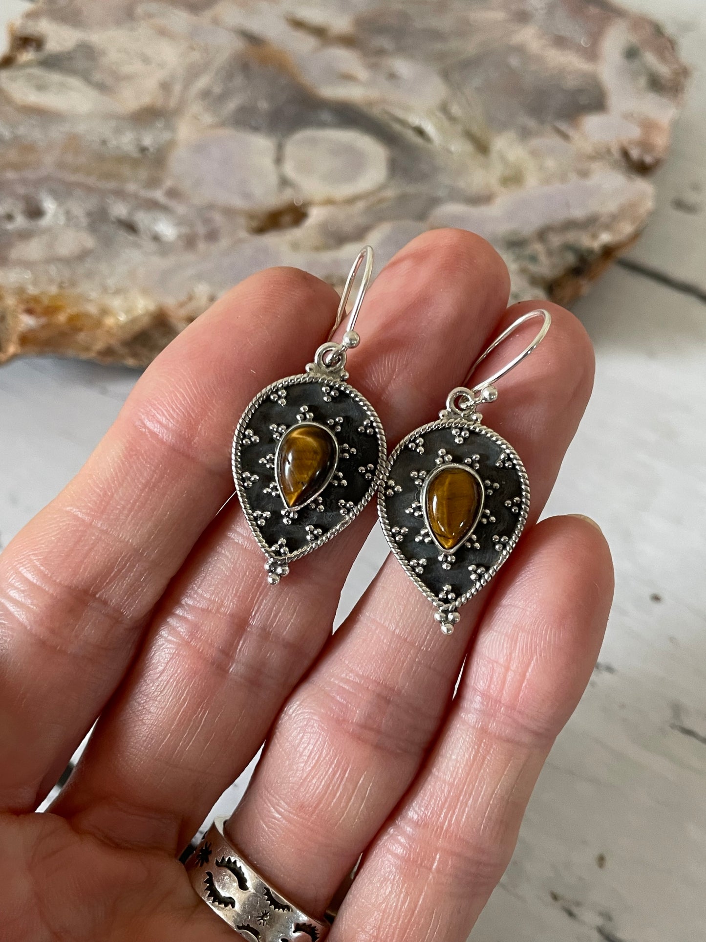 Tigers Eye Oxidised Dangles