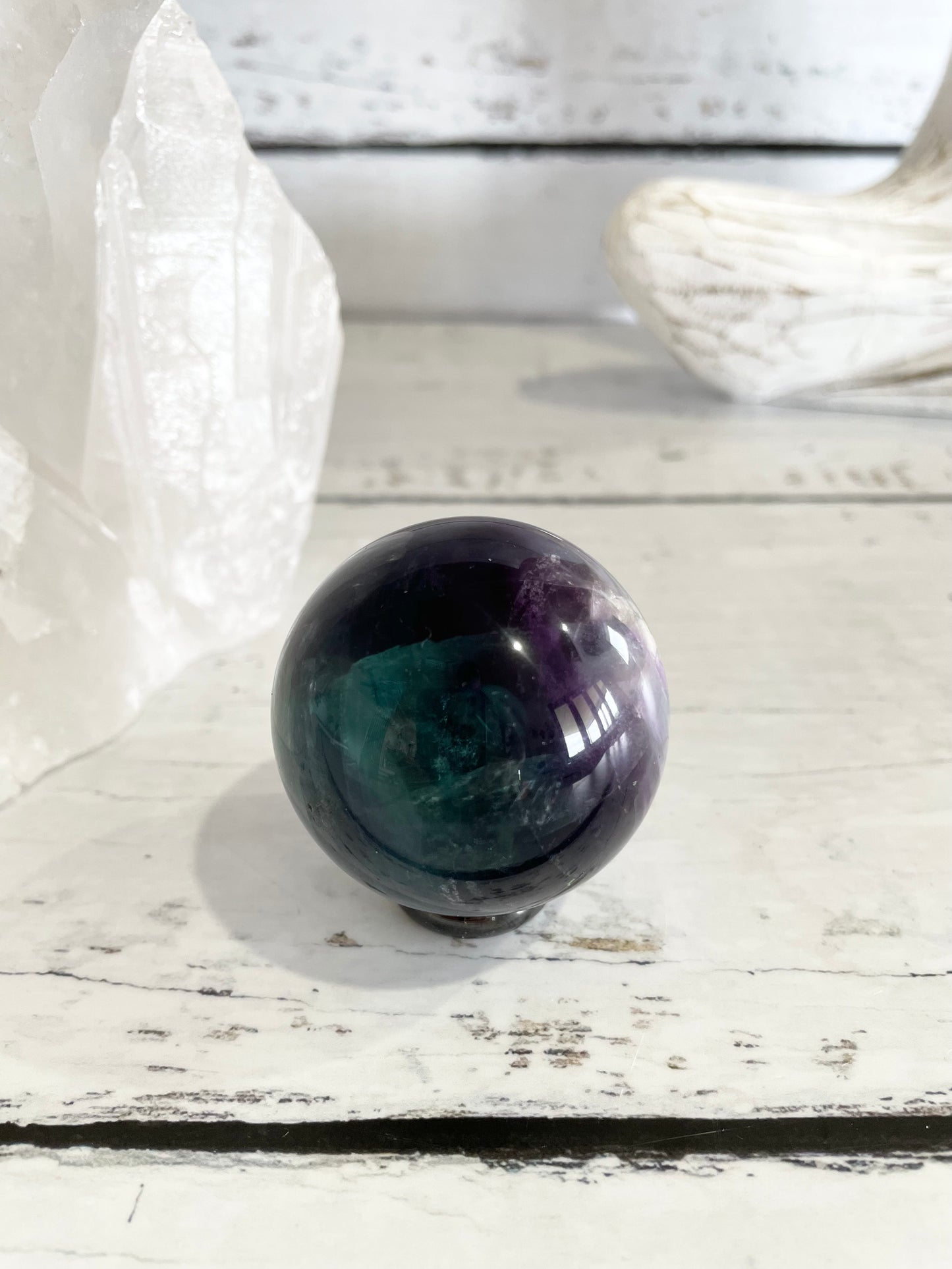 Rainbow Fluorite Sphere Includes Wooden Holder