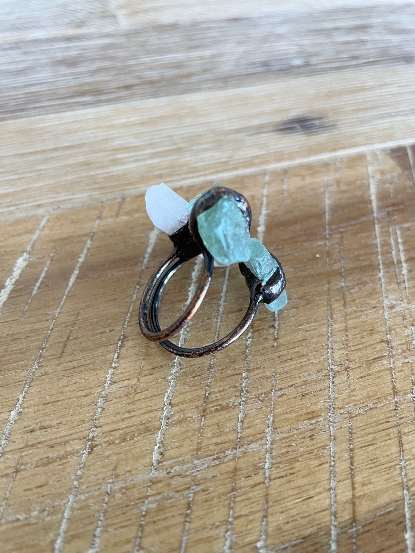 Copper electroplated Ring ~ Clear Quartz & Green Fluorite Ring