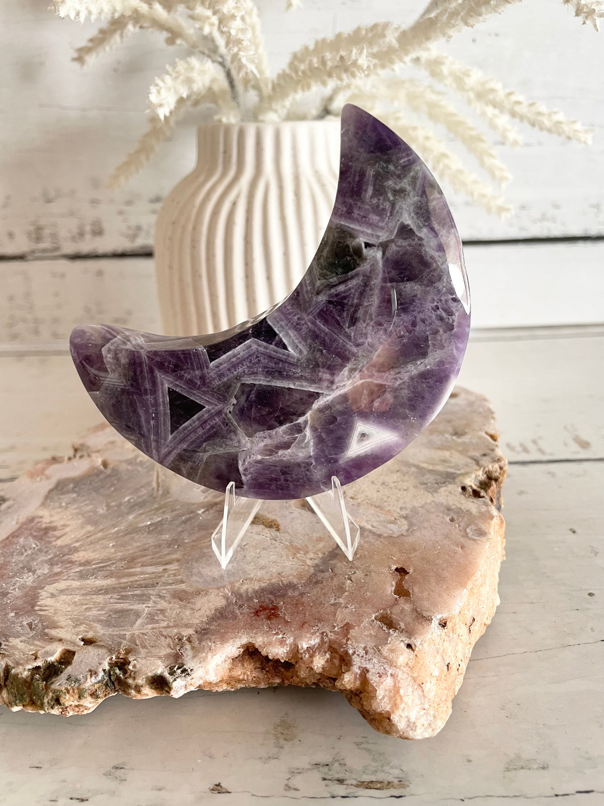 Chevron Amethyst Crescent Moon includes stand