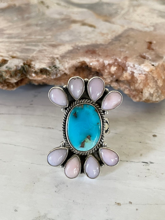 Kingman Turquoise/Pink Opal Ring ~ Adjustable 8-10.5