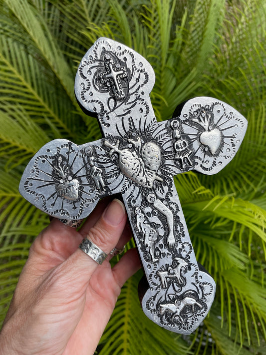 Mexican Milagro Tin Cross ~ Sacred Heart