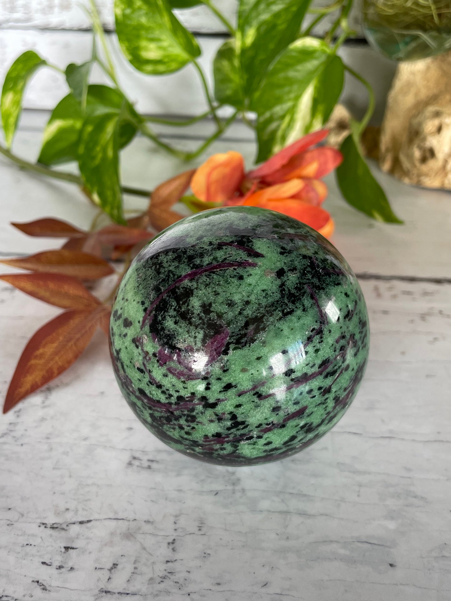 Ruby Zoisite Sphere Includes Wooden Holder