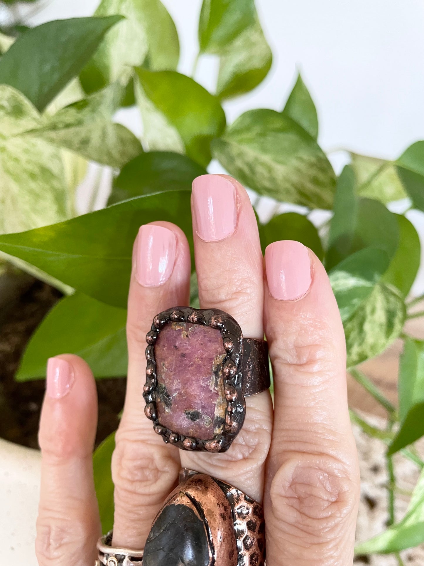 Copper electroplated Ring ~ Rhodonite Ring