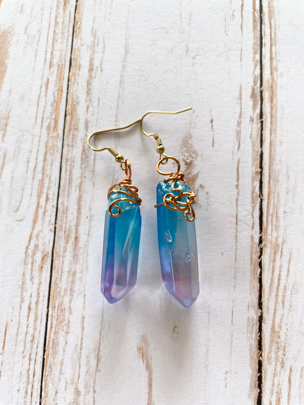 Cobalt Aura Quartz Wire Wrapped Earrings