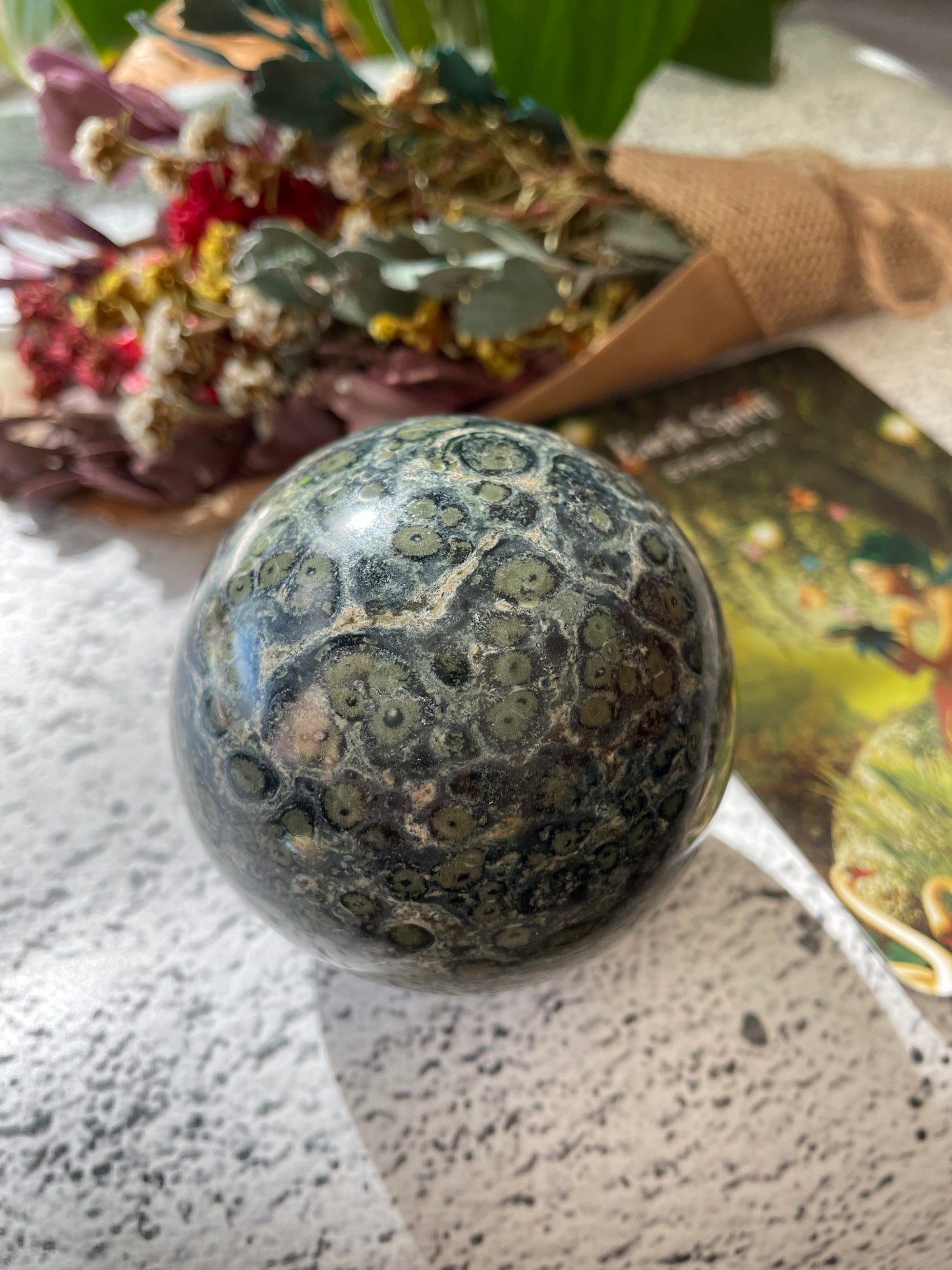 Kambaba Jasper Sphere Includes Wooden Holder