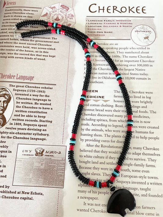 Cherokee Onyx, Turquoise & Coral Medicine Bear Beads