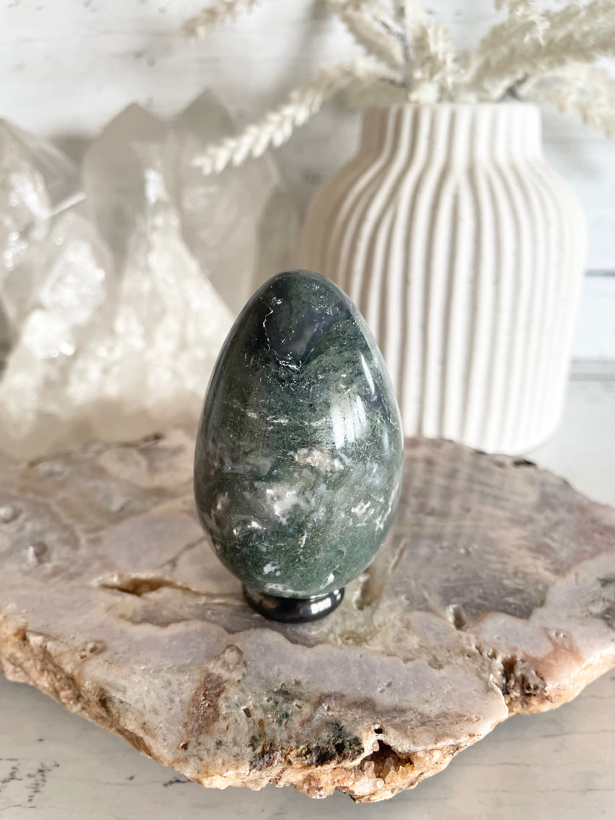 Moss Agate Egg includes holder