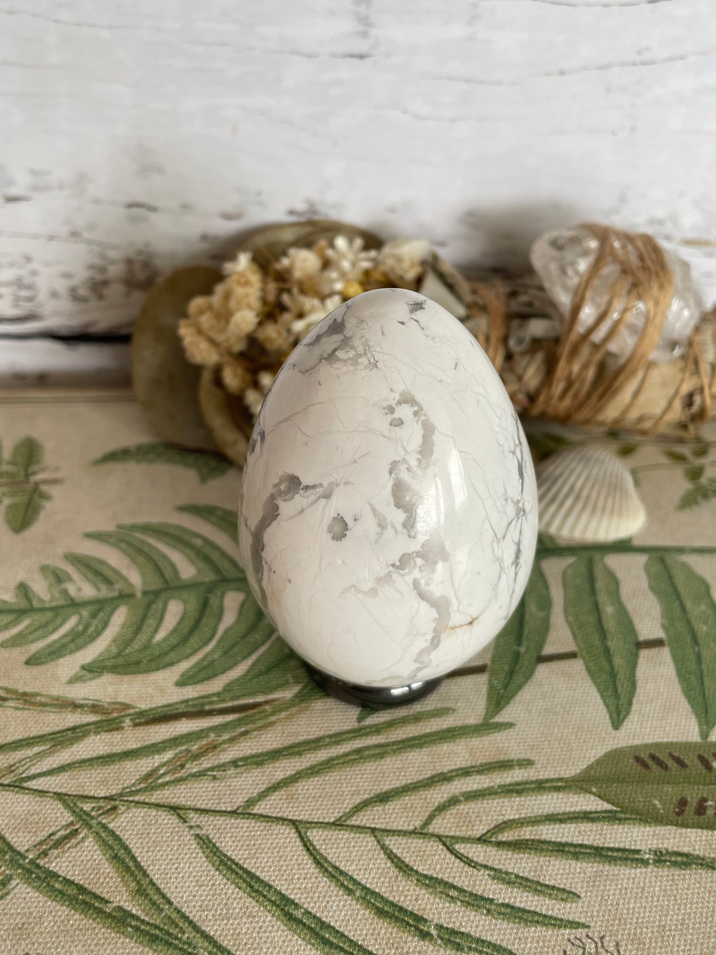 White Howlite Egg Includes Hematite Ring