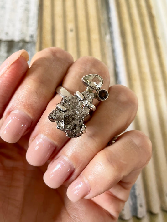 Raw Meteorite with green amethyst/smoky qtz Ring - size 8