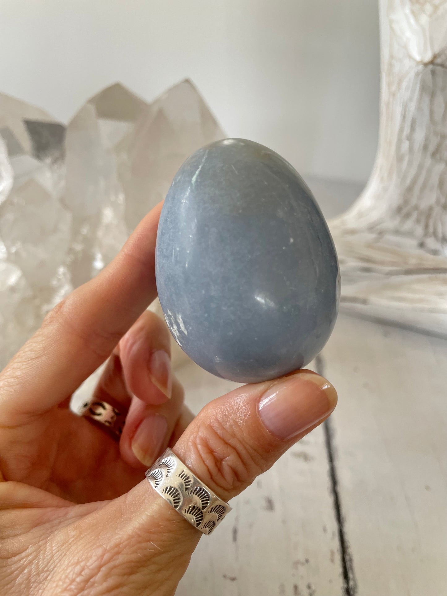 Angelite Egg Includes Hematite Ring