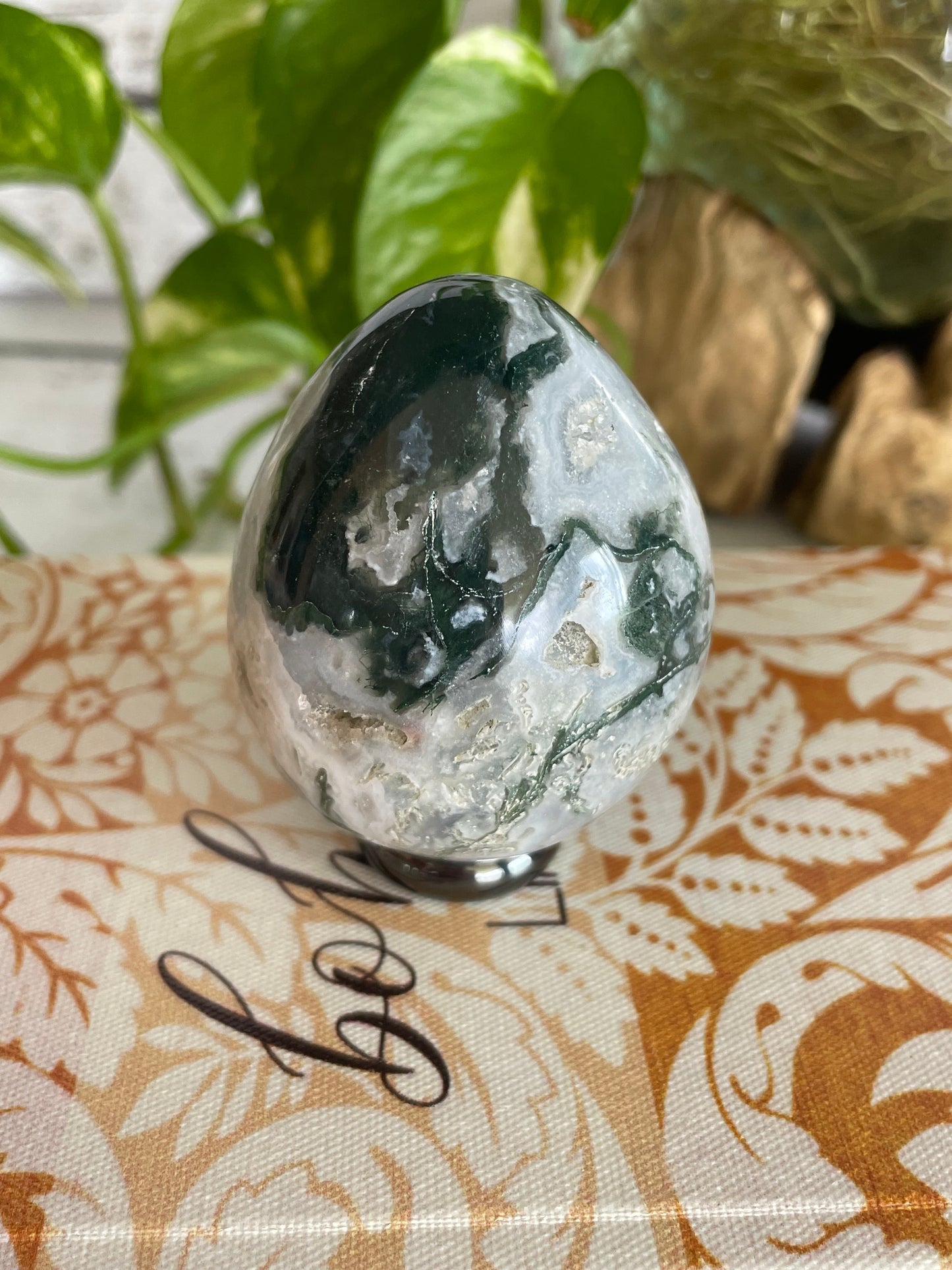 Tree Agate Egg Includes Hematite Ring