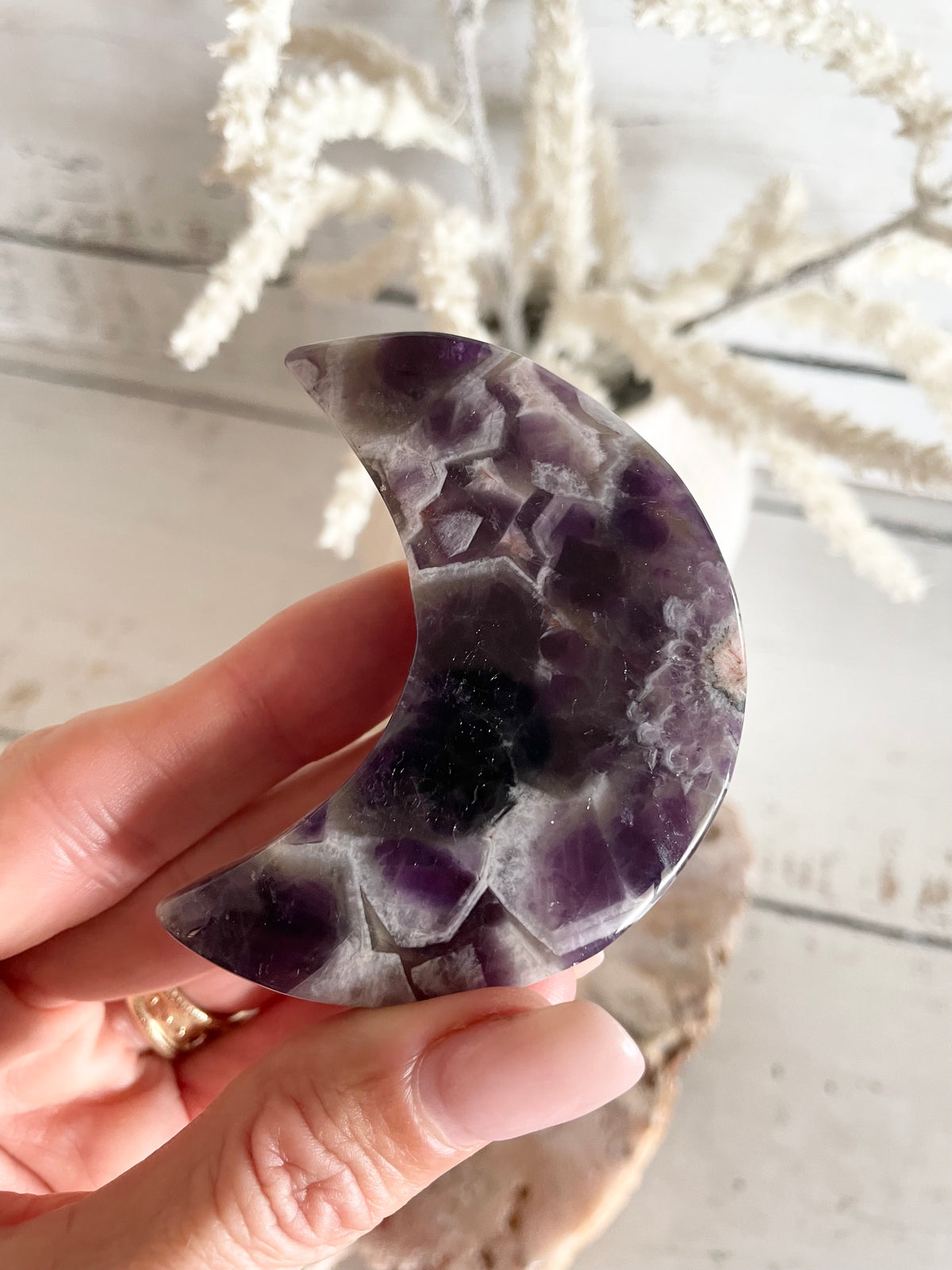 Chevron Amethyst Crescent Moon includes stand