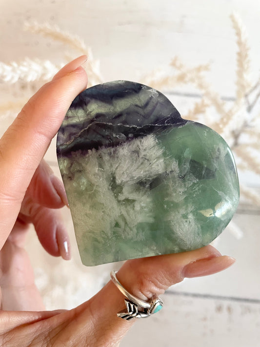 Green snowflake fluorite heart