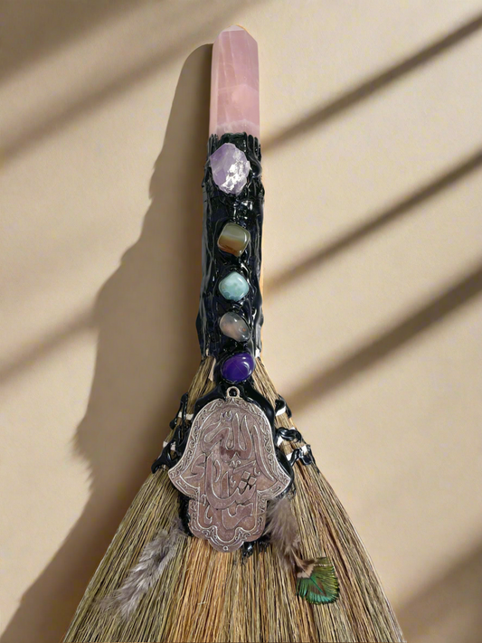Crystal Feather Besom ~ Rose Quartz