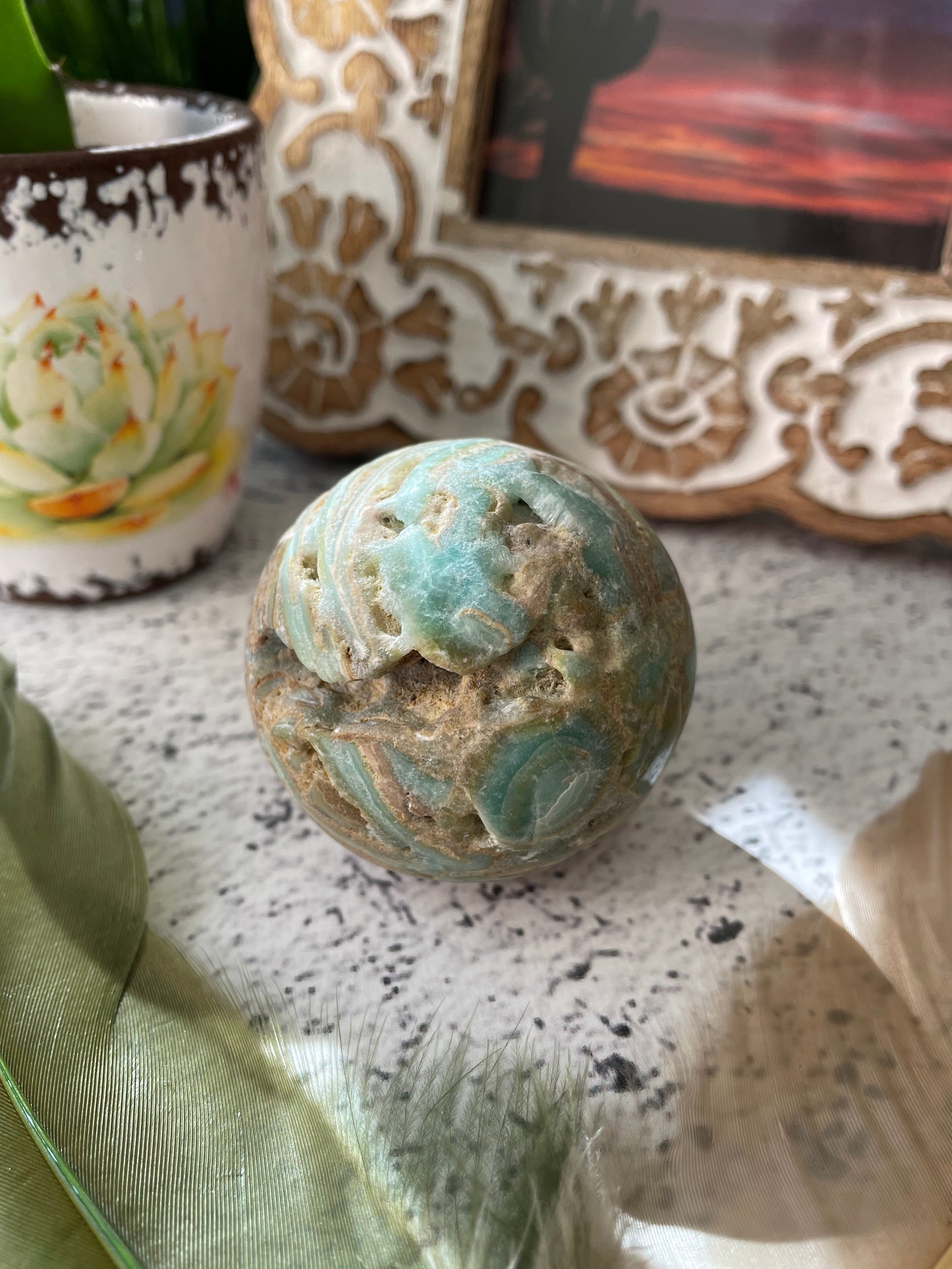 Hemimorphite Sphere Includes Wooden Holder