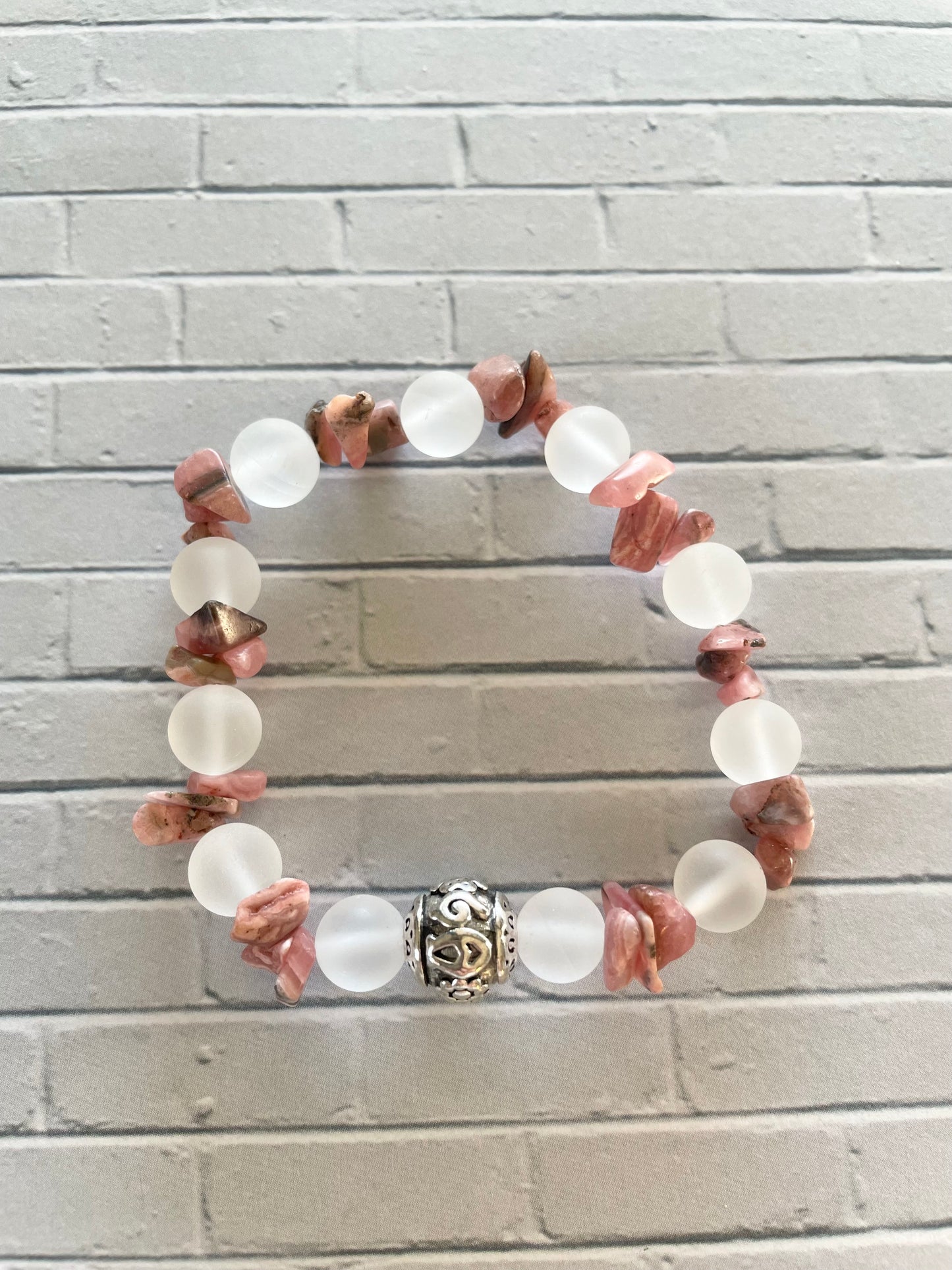 Rhodochrosite & Frosted Clear Quartz gemstone Bracelet